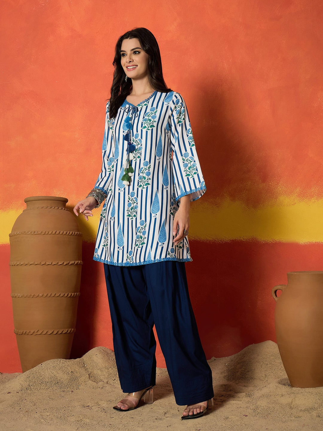 Blue Striped & Floral Printed Rayon A-Line Kurti With Farshi Salwar