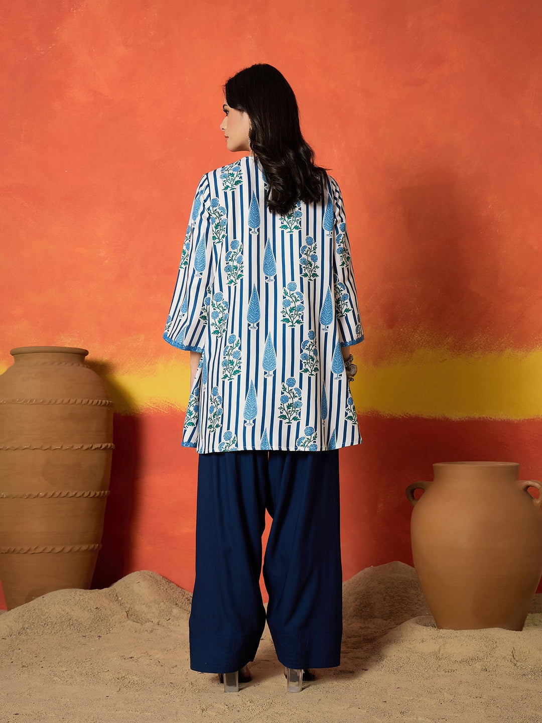 Blue Striped & Floral Printed Rayon A-Line Kurti With Farshi Salwar