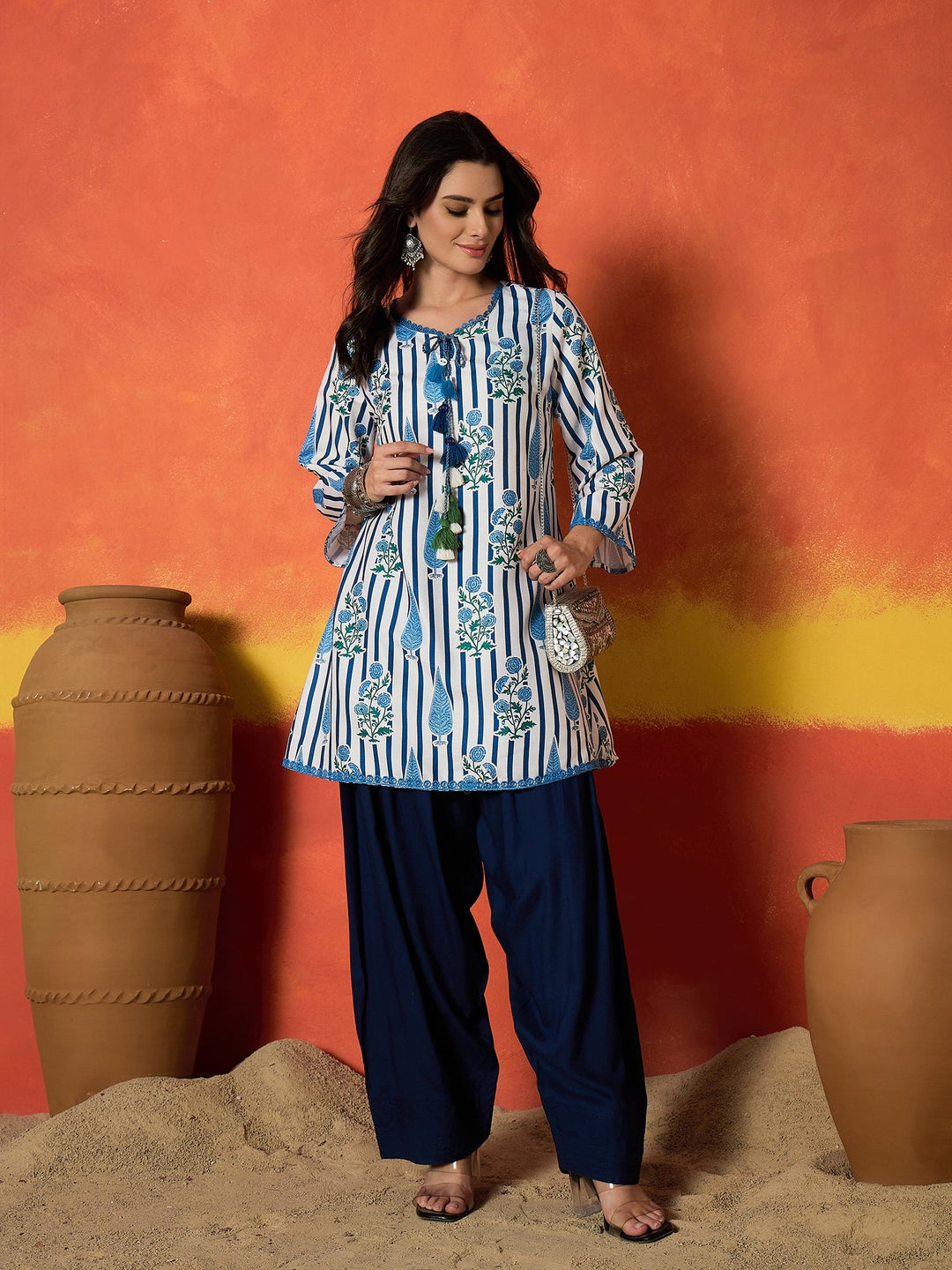 Blue Striped & Floral Printed Rayon A-Line Kurti With Farshi Salwar
