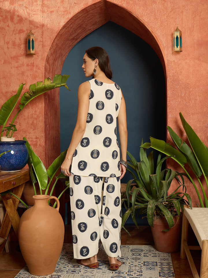 Blue Block Printed Cotton Flex Straight Kurti With Farshi Salwar Set