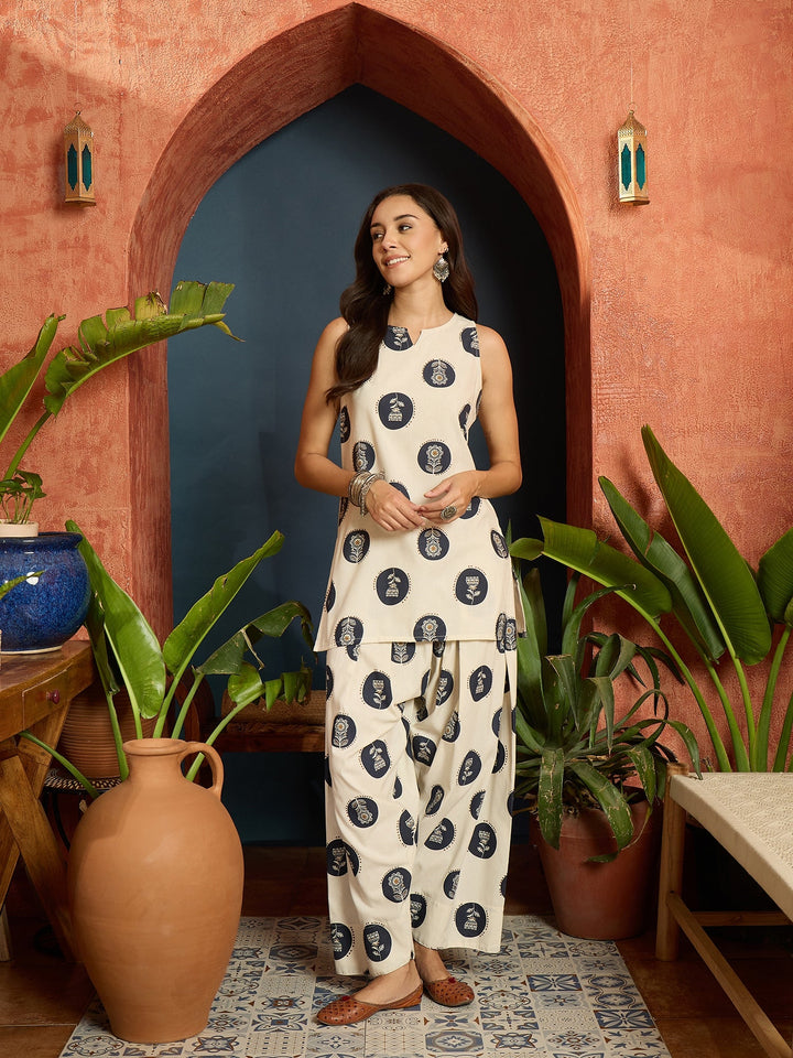 Blue Block Printed Cotton Flex Straight Kurti With Farshi Salwar Set