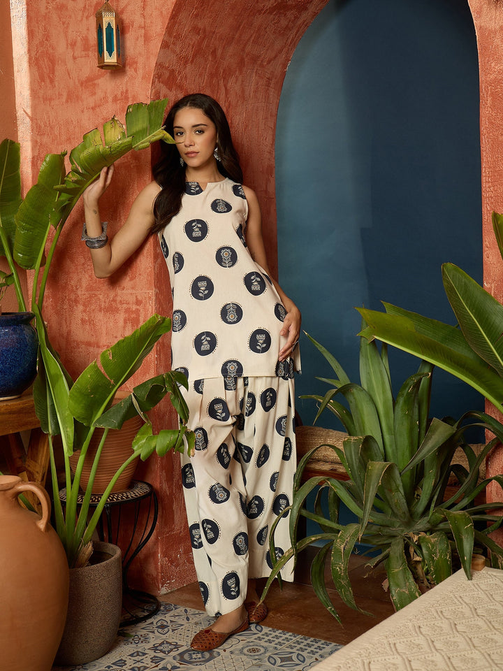Blue Block Printed Cotton Flex Straight Kurti With Farshi Salwar Set