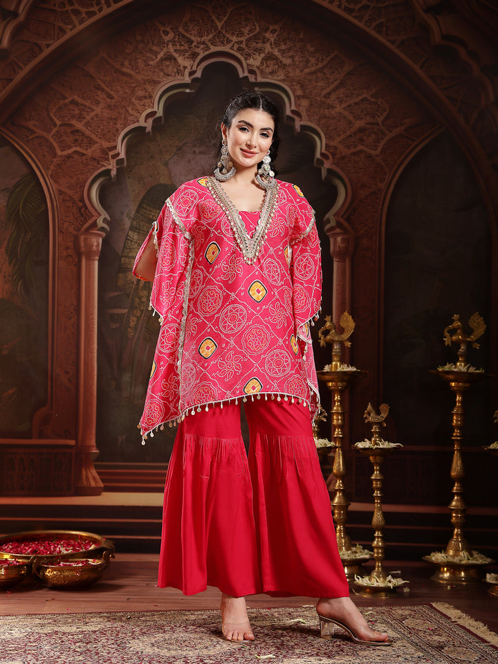 Pink Bandhani Printed & Embroidered Crepe Kaftan Sharara Set