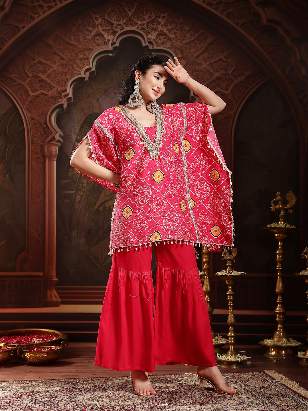 Pink Bandhani Printed & Embroidered Crepe Kaftan Sharara Set