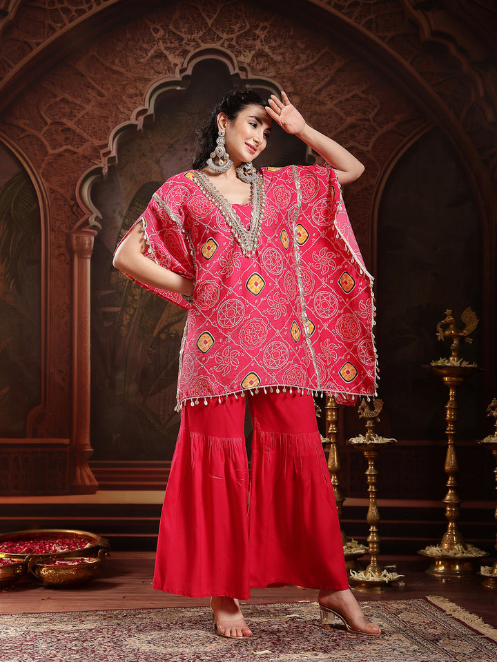 Pink Bandhani Printed & Embroidered Crepe Kaftan Sharara Set