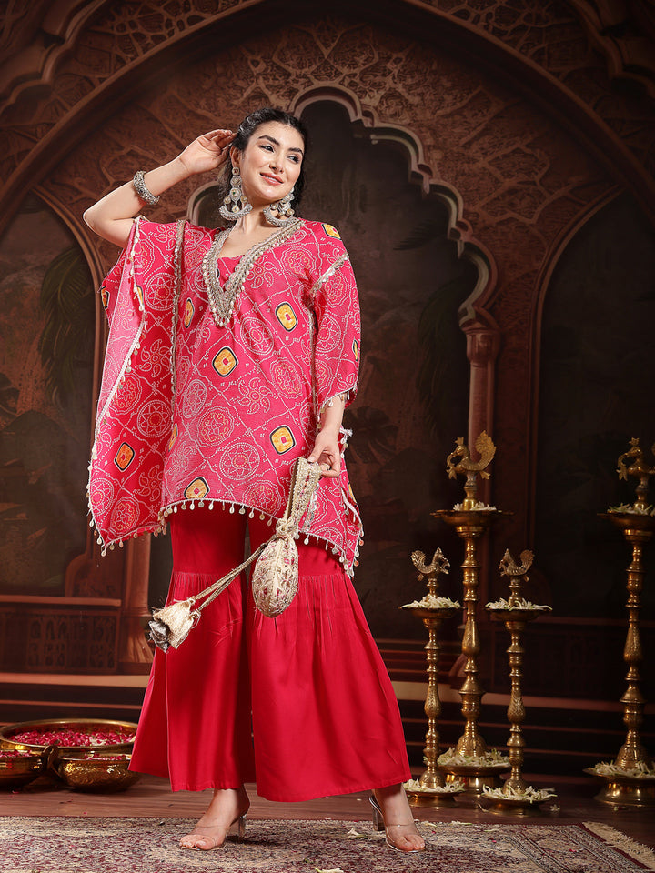 Pink Bandhani Printed & Embroidered Crepe Kaftan Sharara Set