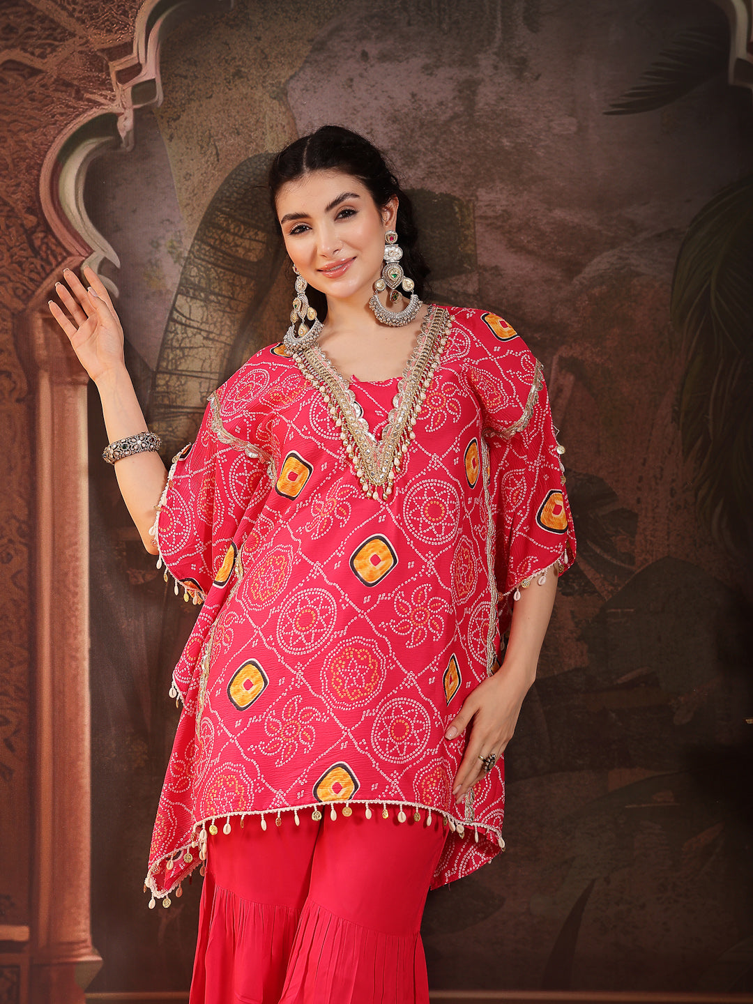 Pink Bandhani Printed & Embroidered Crepe Kaftan Sharara Set