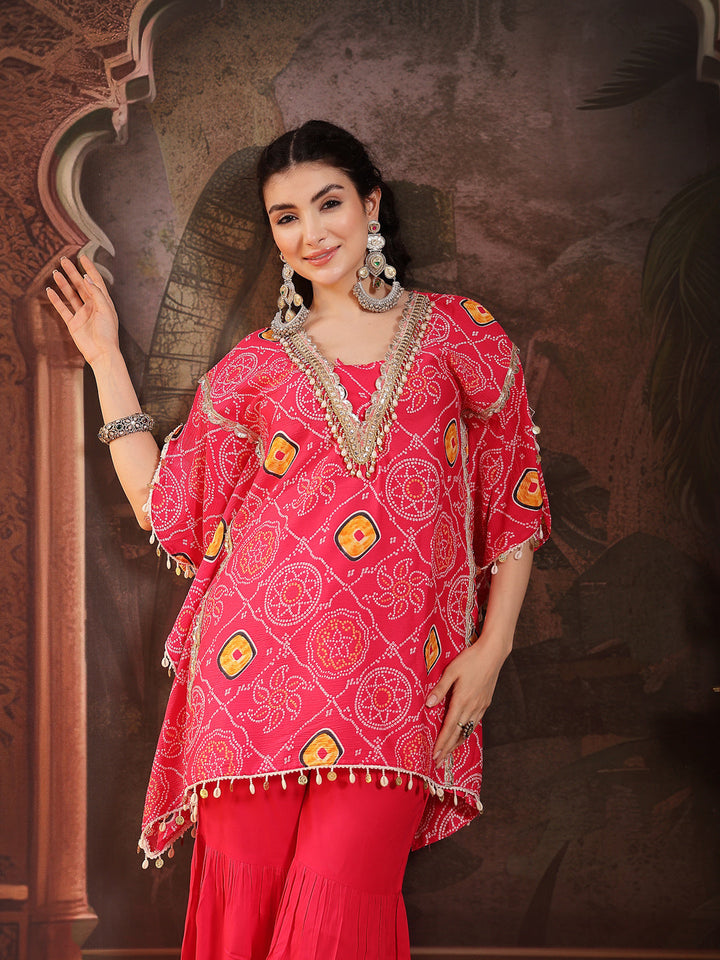 Pink Bandhani Printed & Embroidered Crepe Kaftan Sharara Set