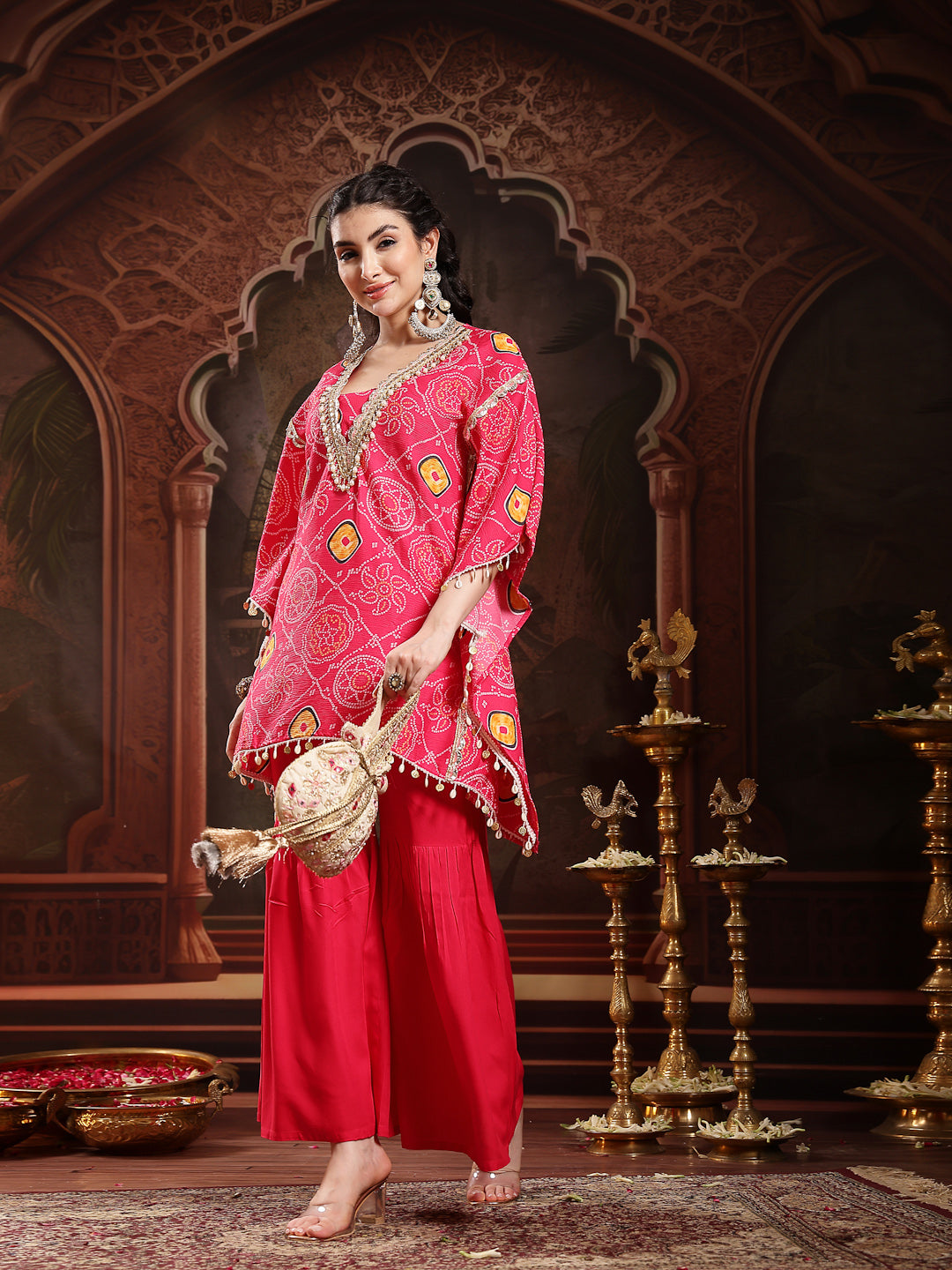 Pink Bandhani Printed & Embroidered Crepe Kaftan Sharara Set