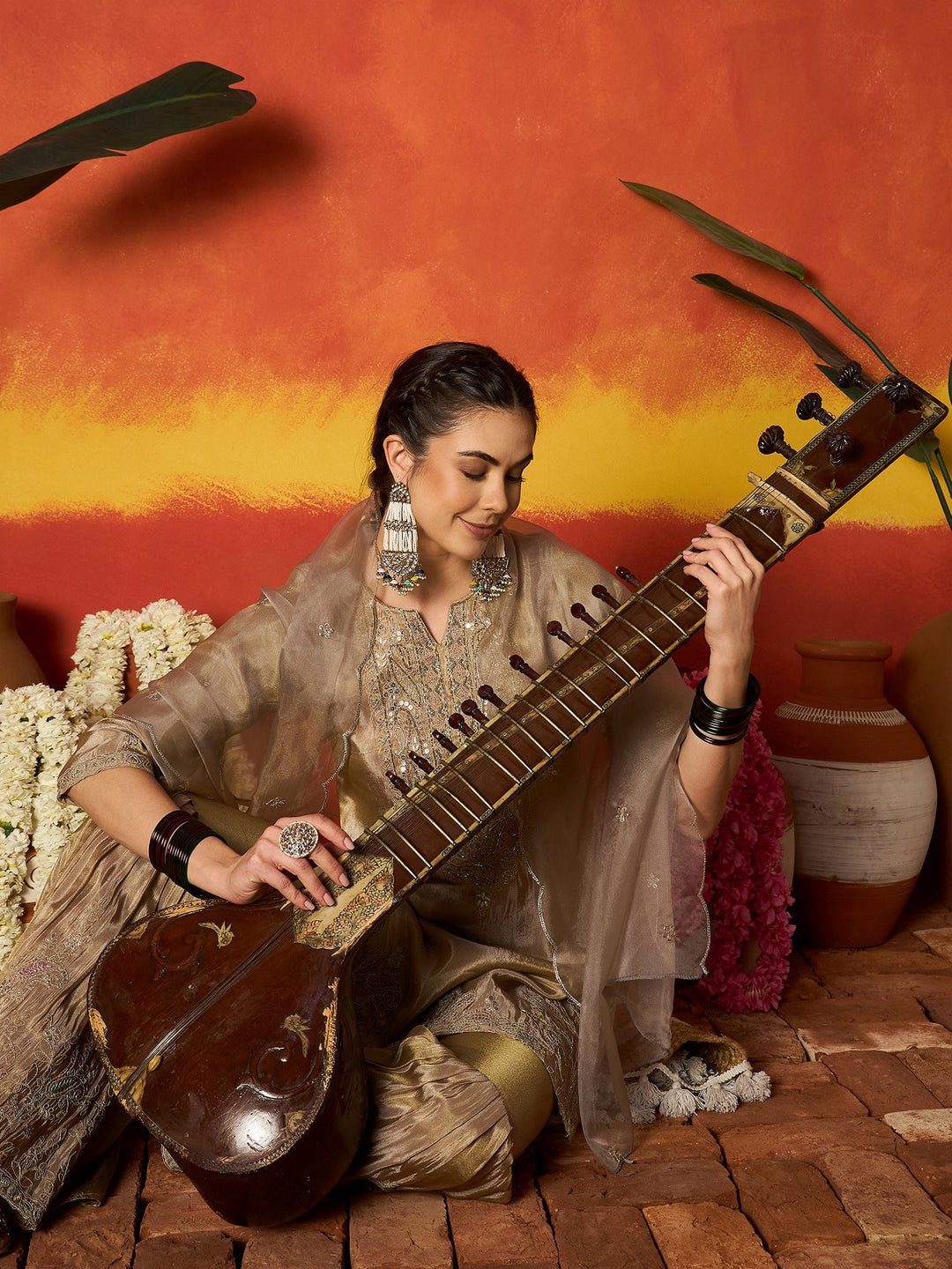 Beige Solid &amp; Embroidered Silk Blend Straight Kurti Sharara With Dupatta
