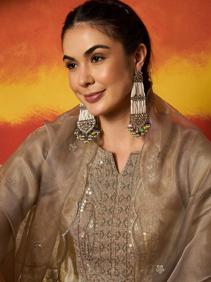 Beige Solid &amp; Embroidered Silk Blend Straight Kurti Sharara With Dupatta