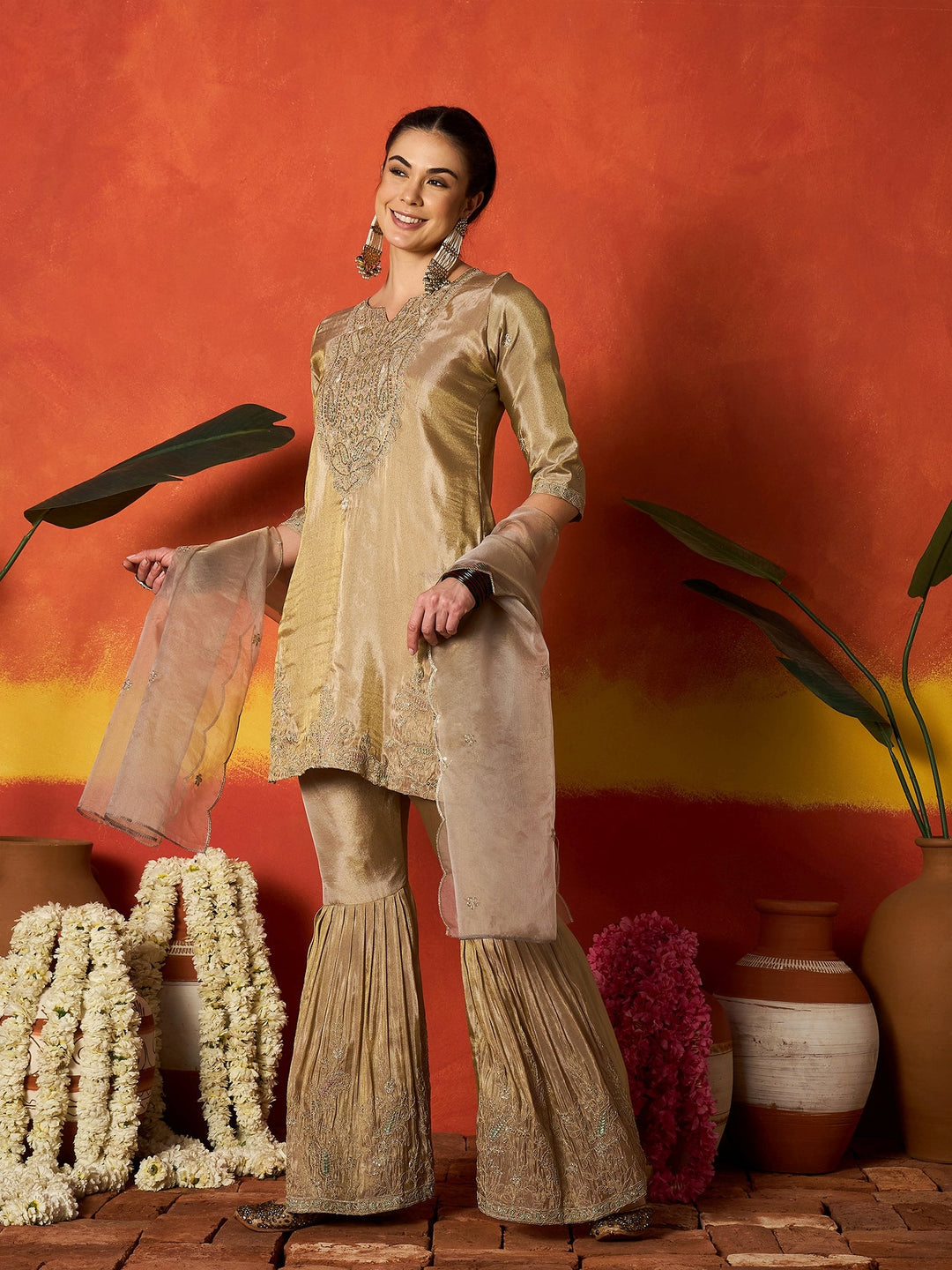 Beige Solid &amp; Embroidered Silk Blend Straight Kurti Sharara With Dupatta