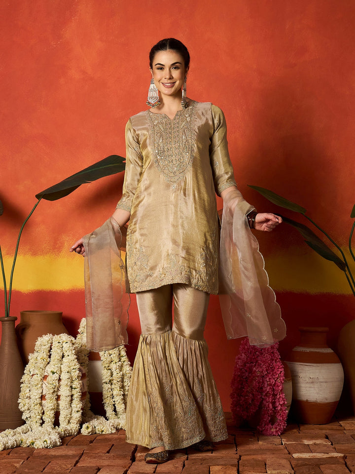 Beige Solid &amp; Embroidered Silk Blend Straight Kurti Sharara With Dupatta