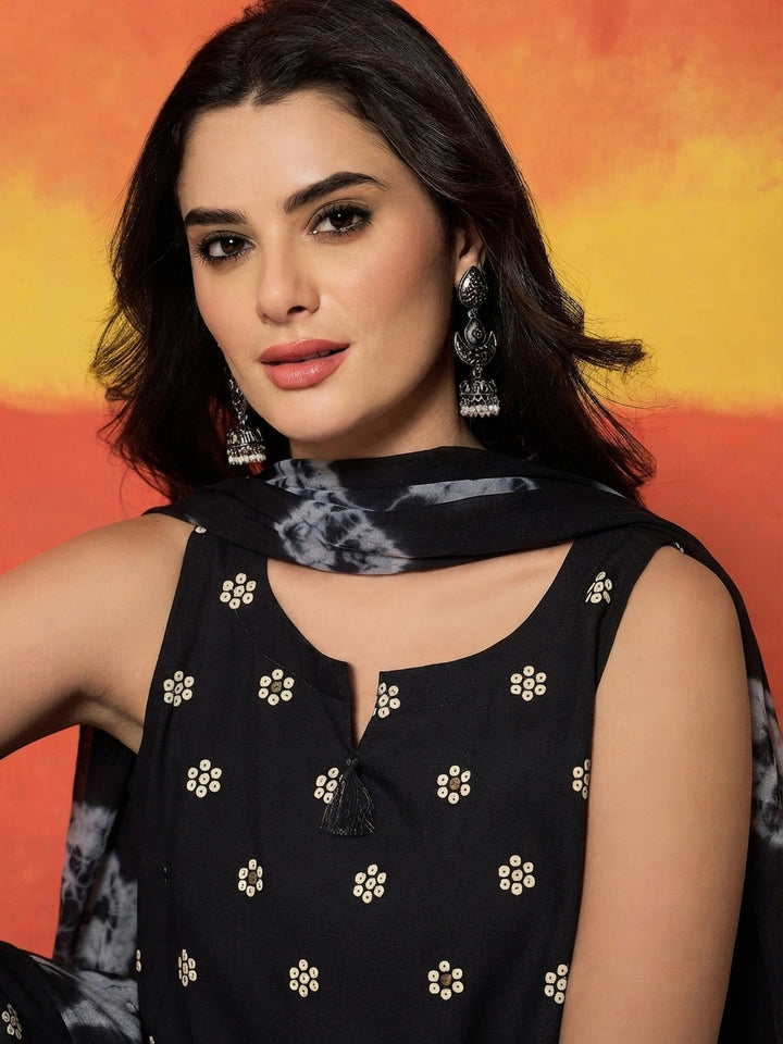 Black Floral Printed Rayon Straight Kurti Farshi Salwar Dupatta Set