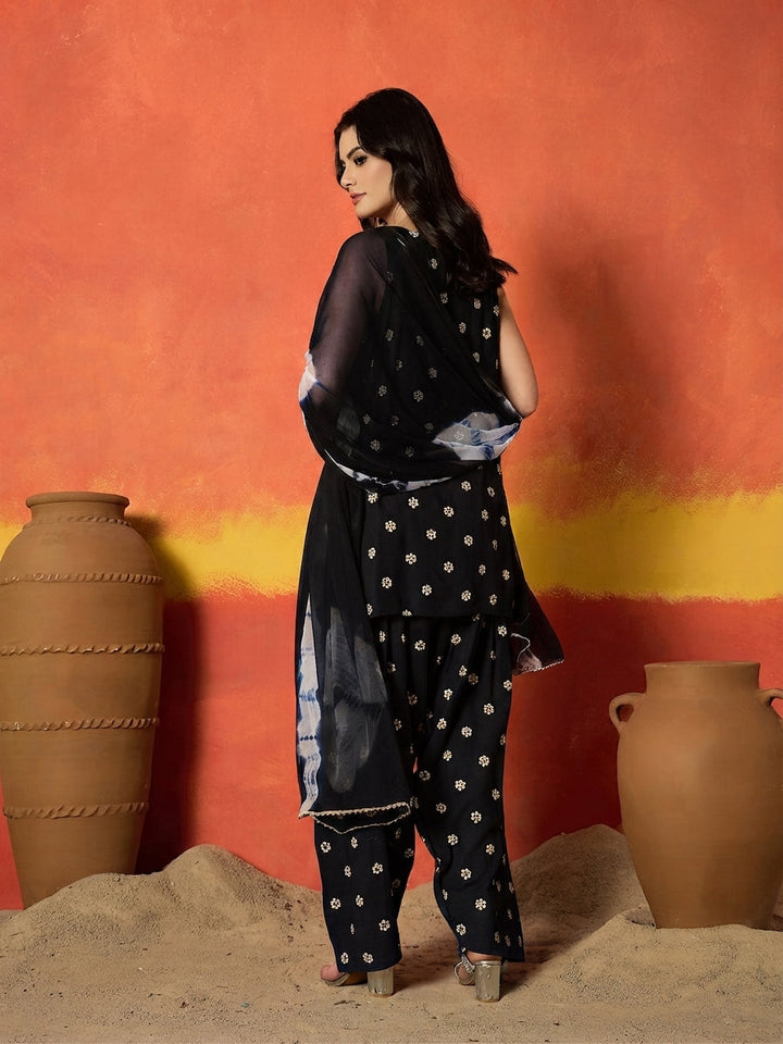 Black Floral Printed Rayon Straight Kurti Farshi Salwar Dupatta Set