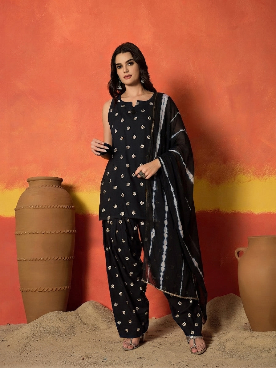 Black Floral Printed Rayon Straight Kurti Farshi Salwar Dupatta Set