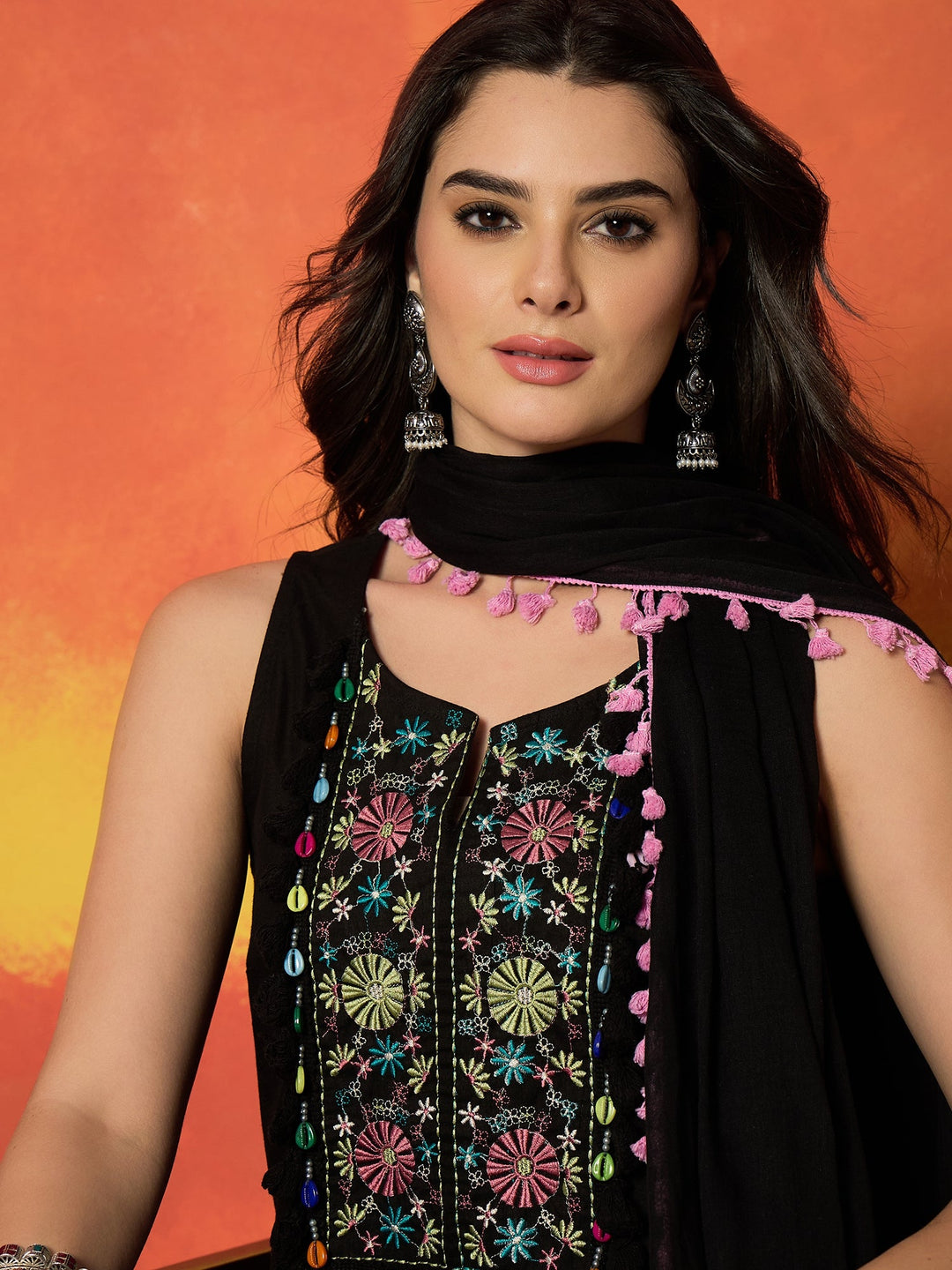 Women's Black Solid & Embroidered Pure Cotton Straight Kurti Farshi Salwar With Dupatta Set
