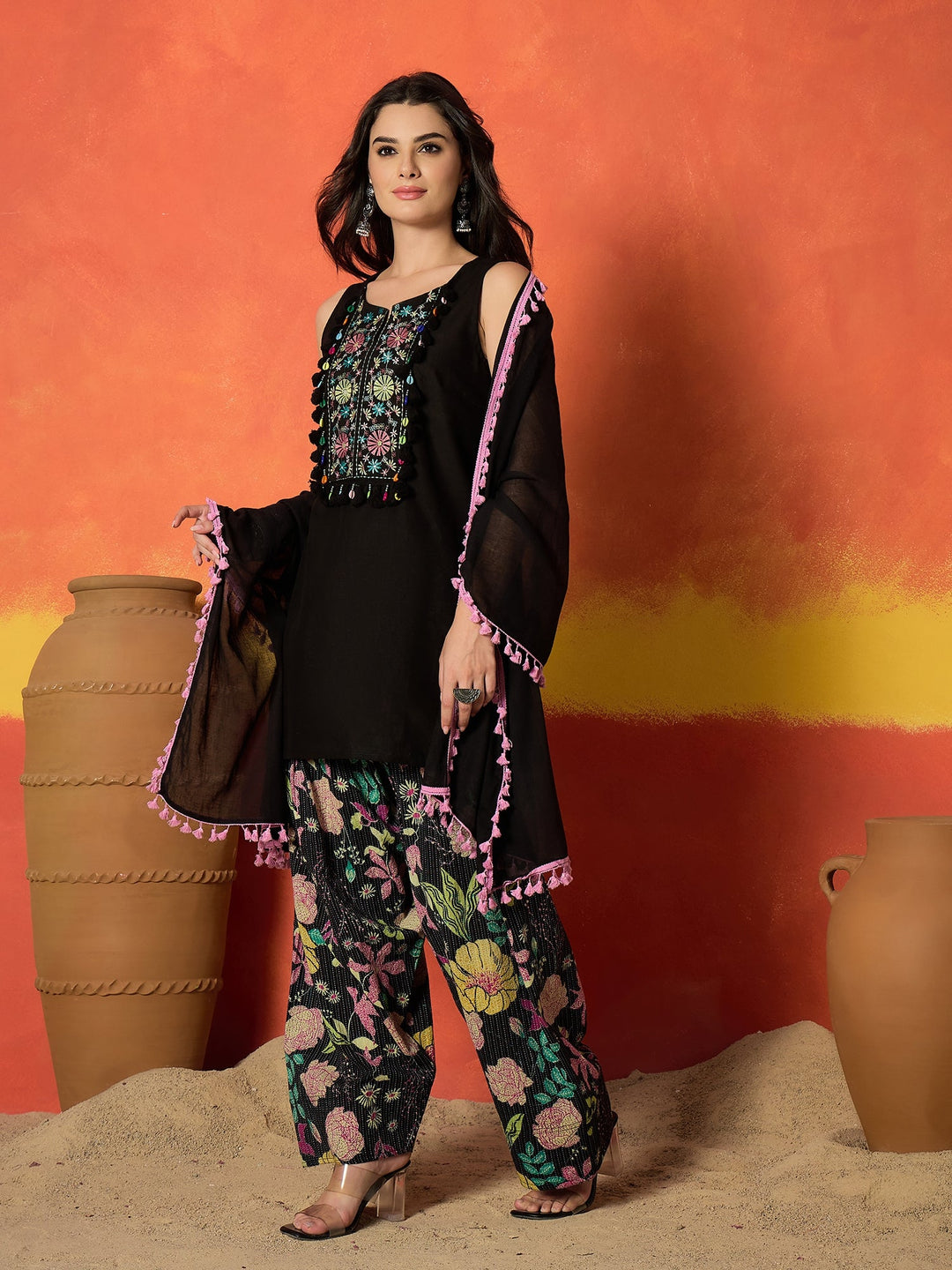 Women's Black Solid & Embroidered Pure Cotton Straight Kurti Farshi Salwar With Dupatta Set
