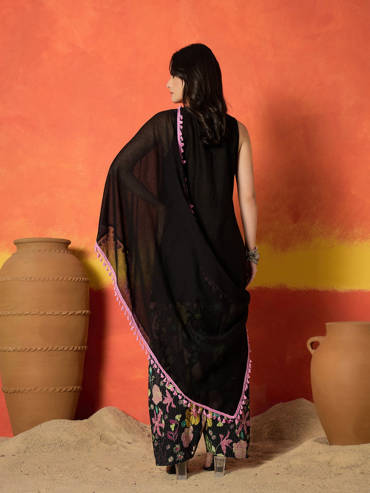 Women's Black Solid & Embroidered Pure Cotton Straight Kurti Farshi Salwar With Dupatta Set