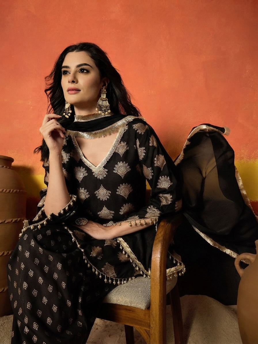 Black Gold Printed Rayon A-Line Kurti Farshi Salwar With Dupatta