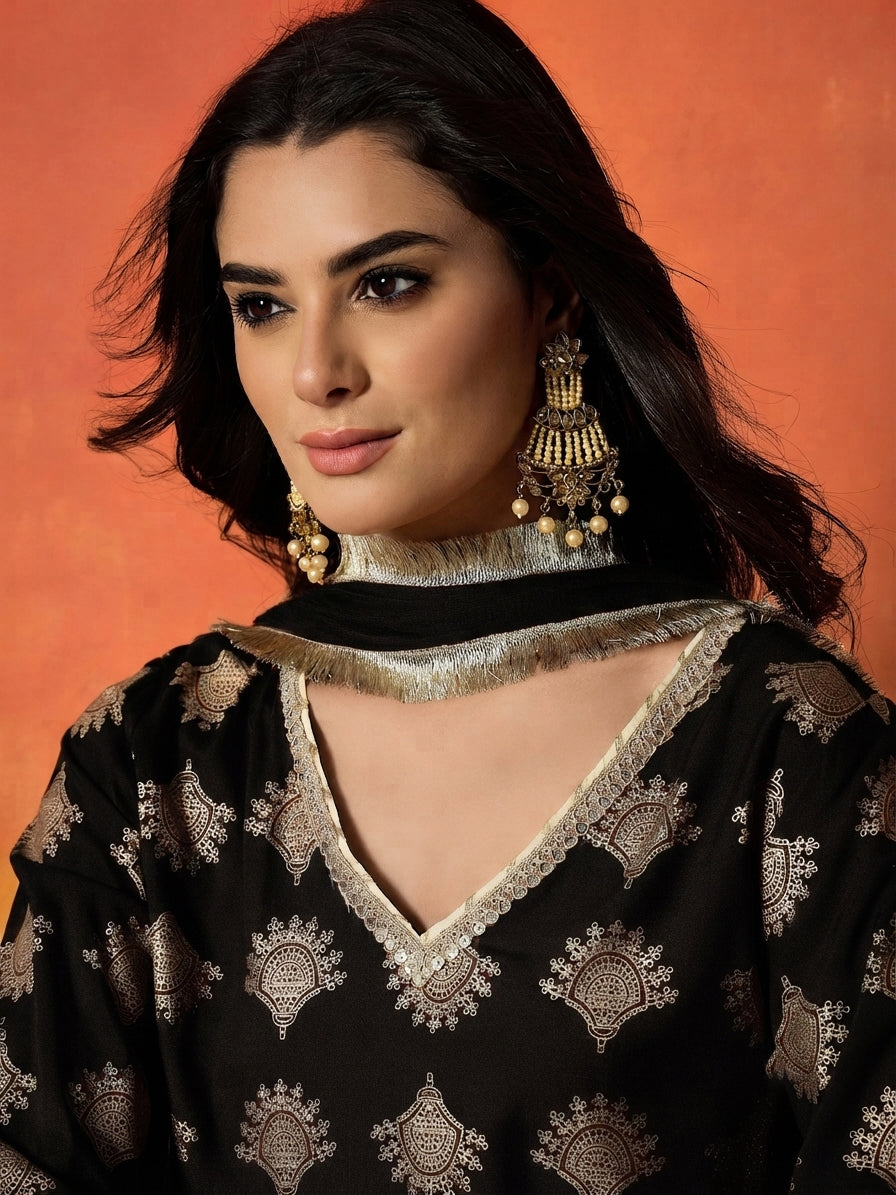 Black Gold Printed Rayon A-Line Kurti Farshi Salwar With Dupatta