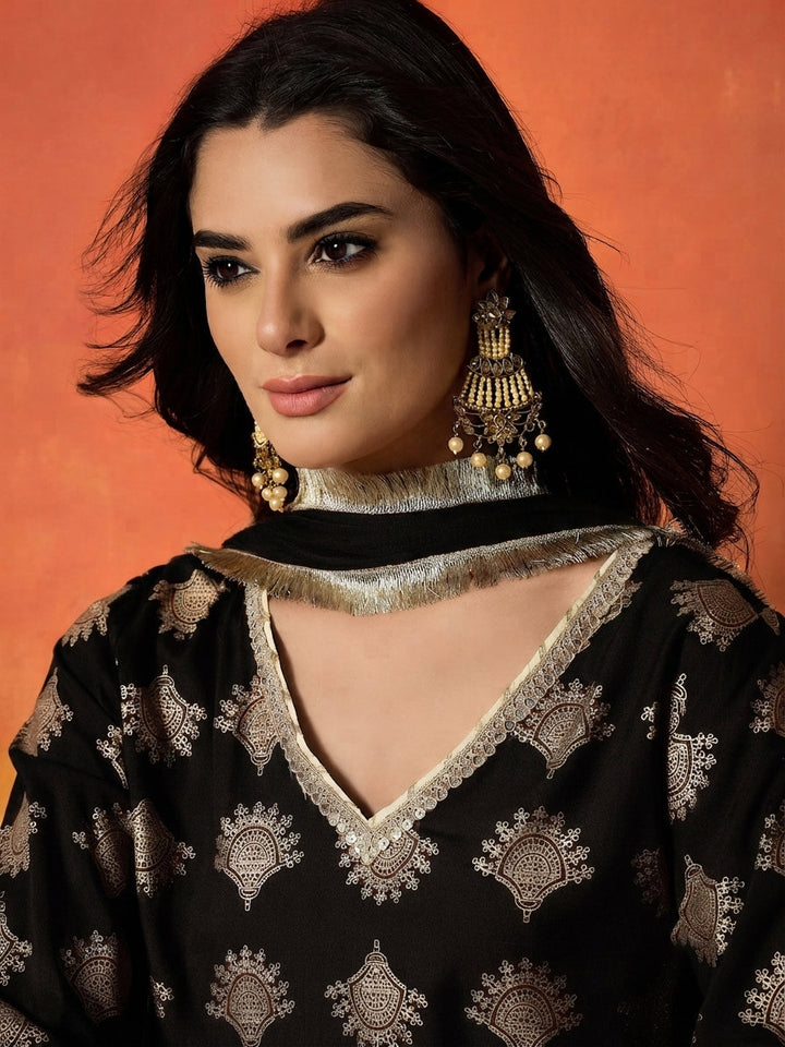 Black Gold Printed Rayon A-Line Kurti Farshi Salwar With Dupatta