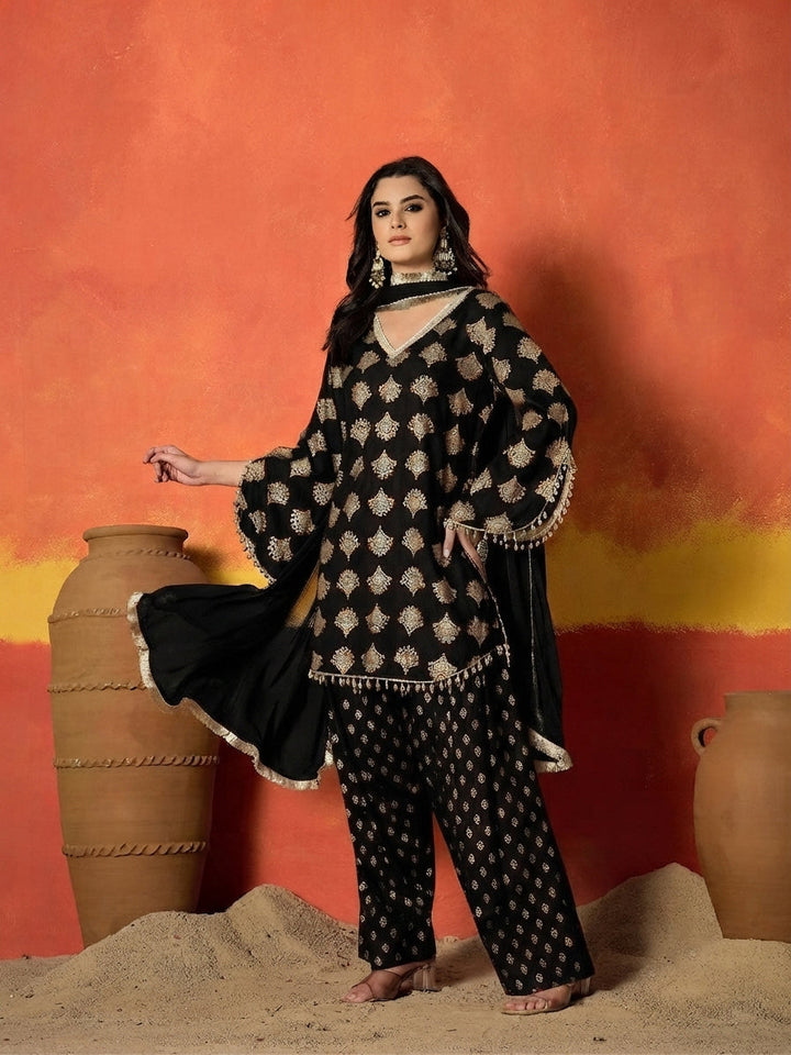 Black Gold Printed Rayon A-Line Kurti Farshi Salwar With Dupatta