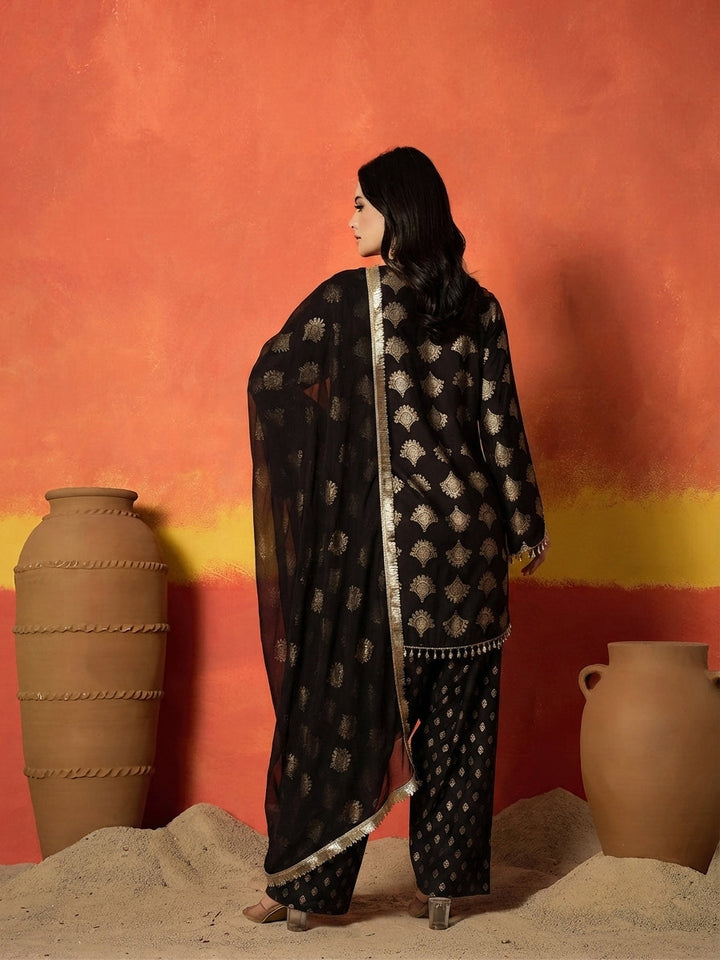 Black Gold Printed Rayon A-Line Kurti Farshi Salwar With Dupatta