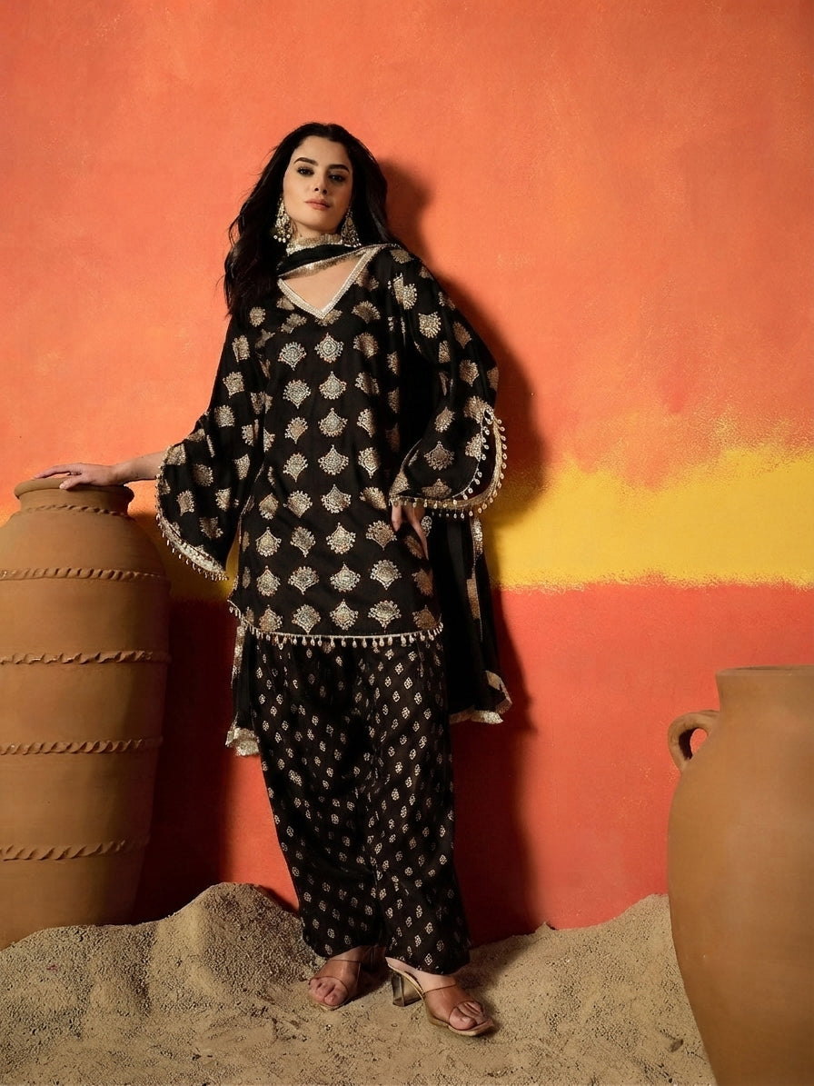 Black Gold Printed Rayon A-Line Kurti Farshi Salwar With Dupatta