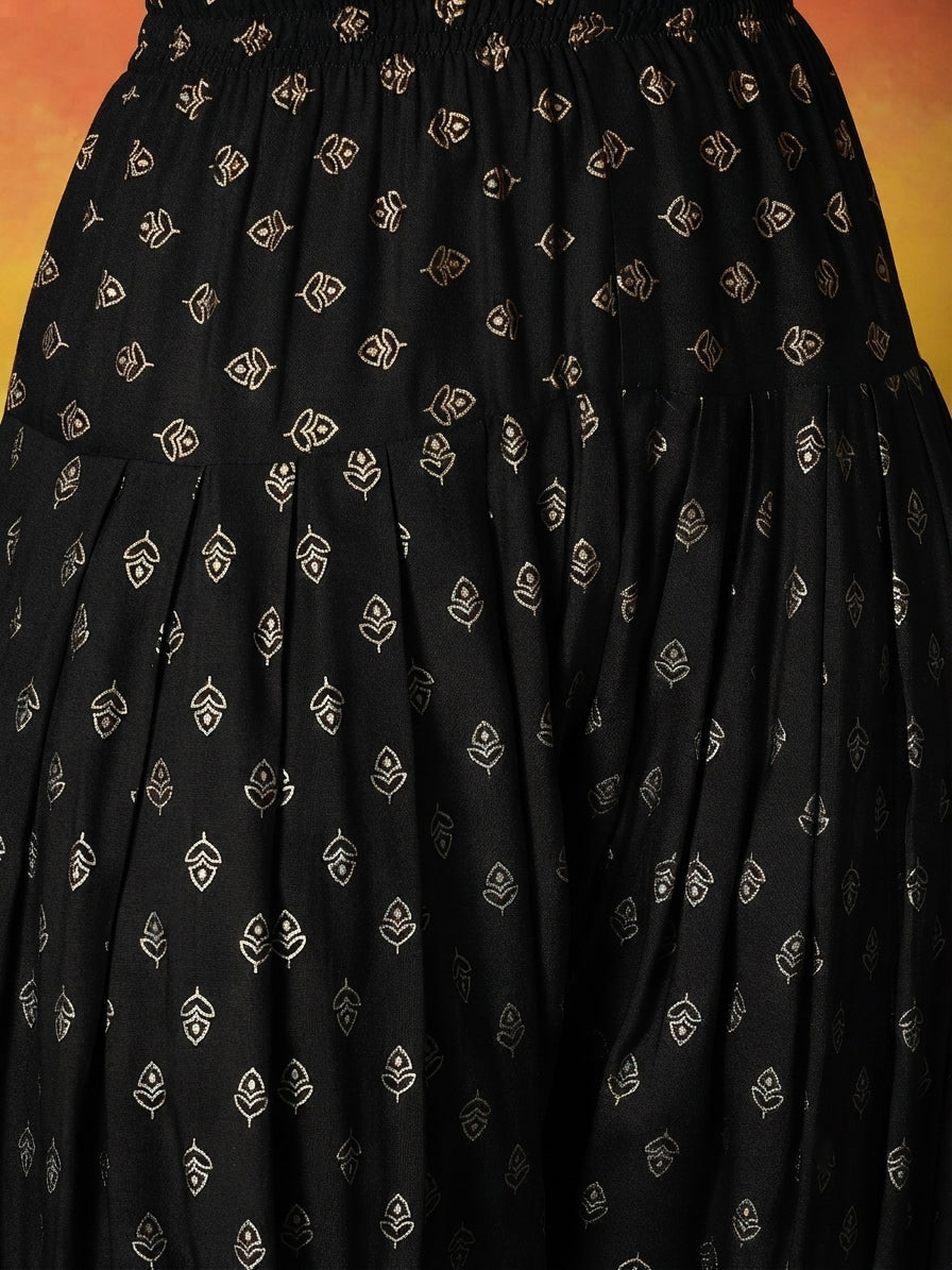 Black Gold Printed Rayon A-Line Kurti Farshi Salwar With Dupatta