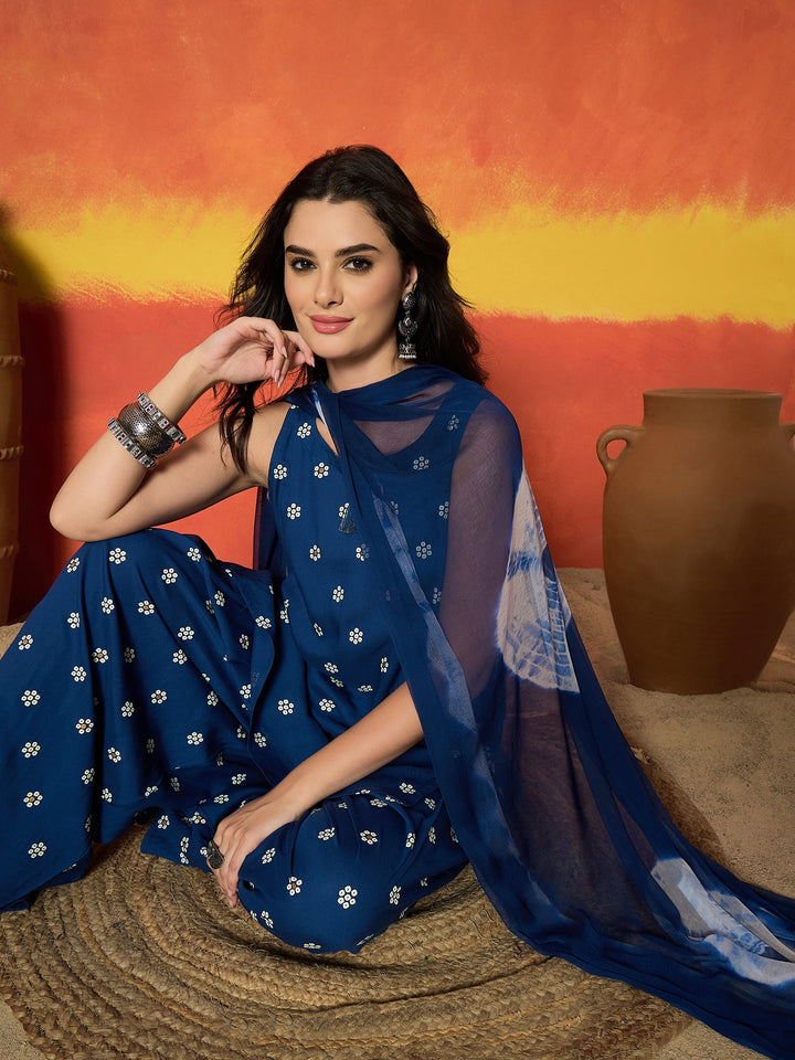 Blue Floral Printed Rayon Straight Kurti Farshi Salwar Dupatta Set