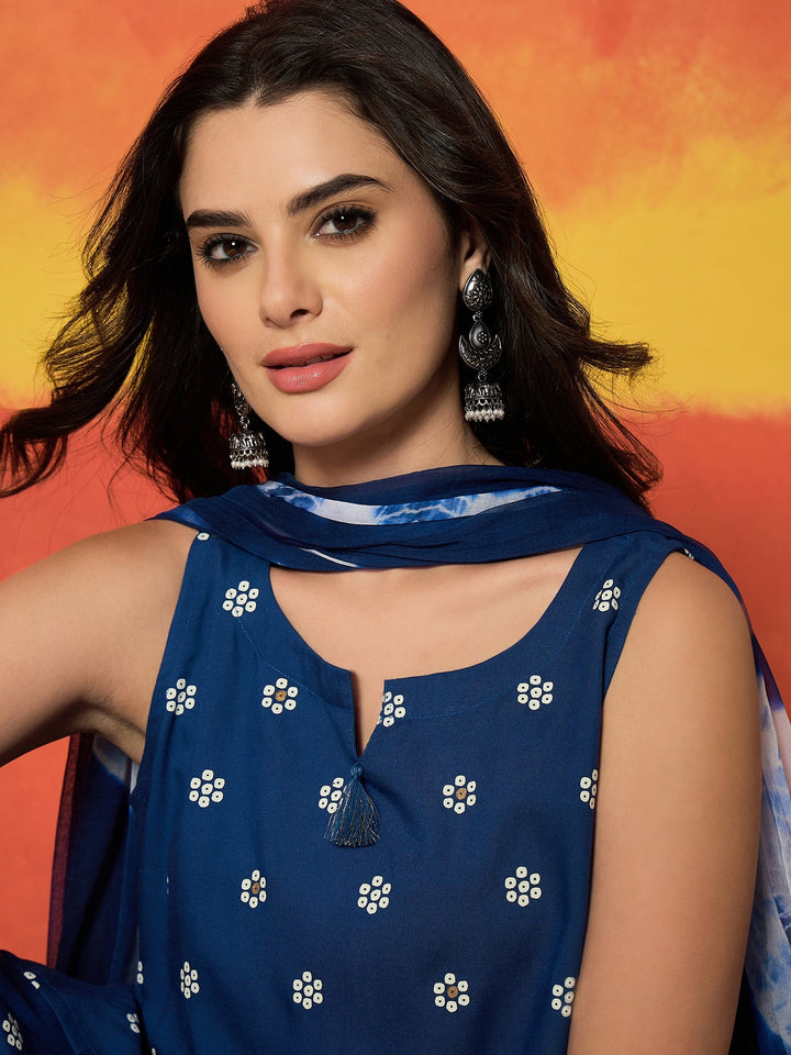 Blue Floral Printed Rayon Straight Kurti Farshi Salwar Dupatta Set
