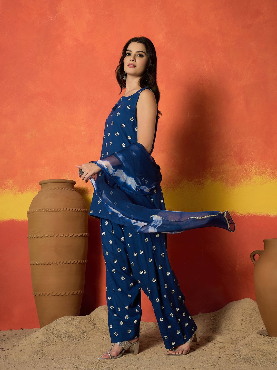 Blue Floral Printed Rayon Straight Kurti Farshi Salwar Dupatta Set