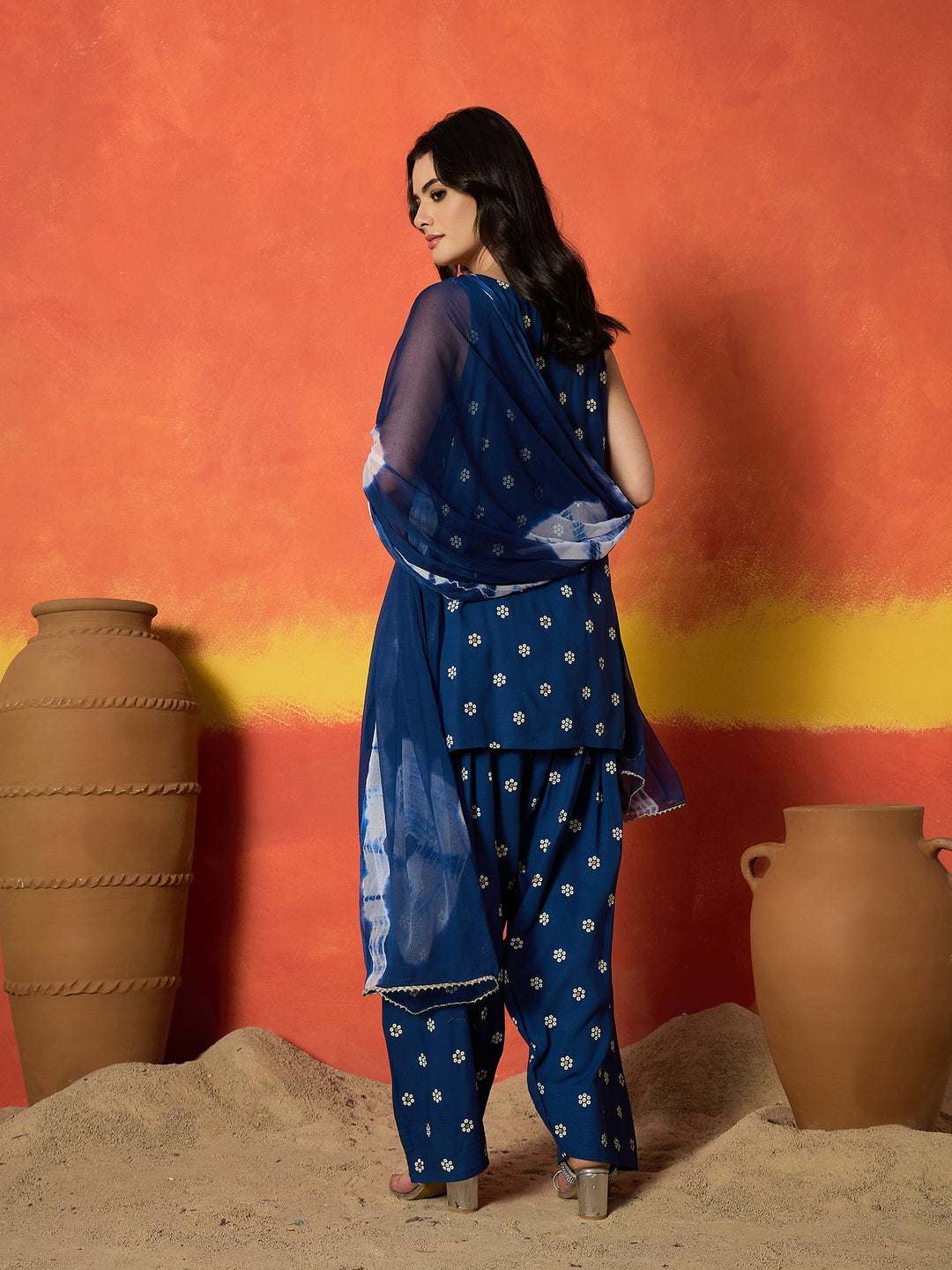 Blue Floral Printed Rayon Straight Kurti Farshi Salwar Dupatta Set