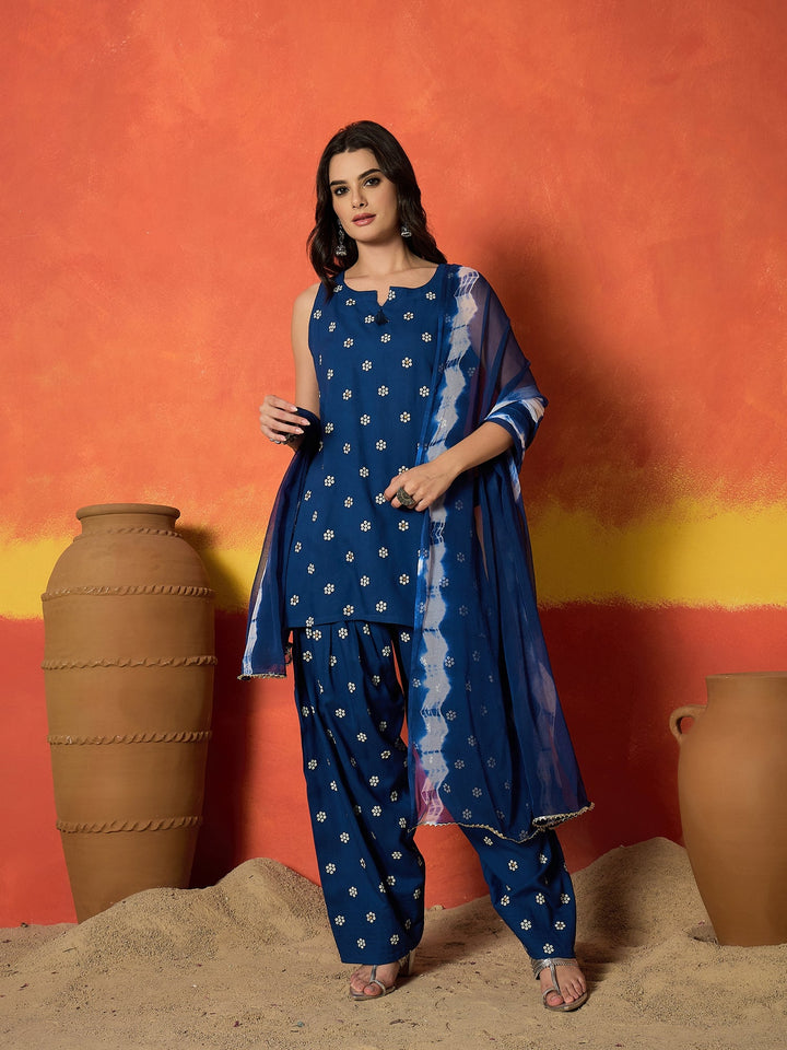 Blue Floral Printed Rayon Straight Kurti Farshi Salwar Dupatta Set