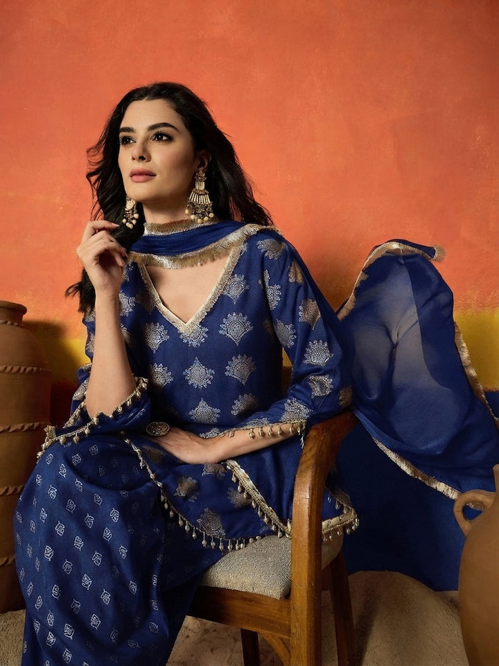 Blue Gold Printed Rayon A-Line Kurti Farshi Salwar With Dupatta