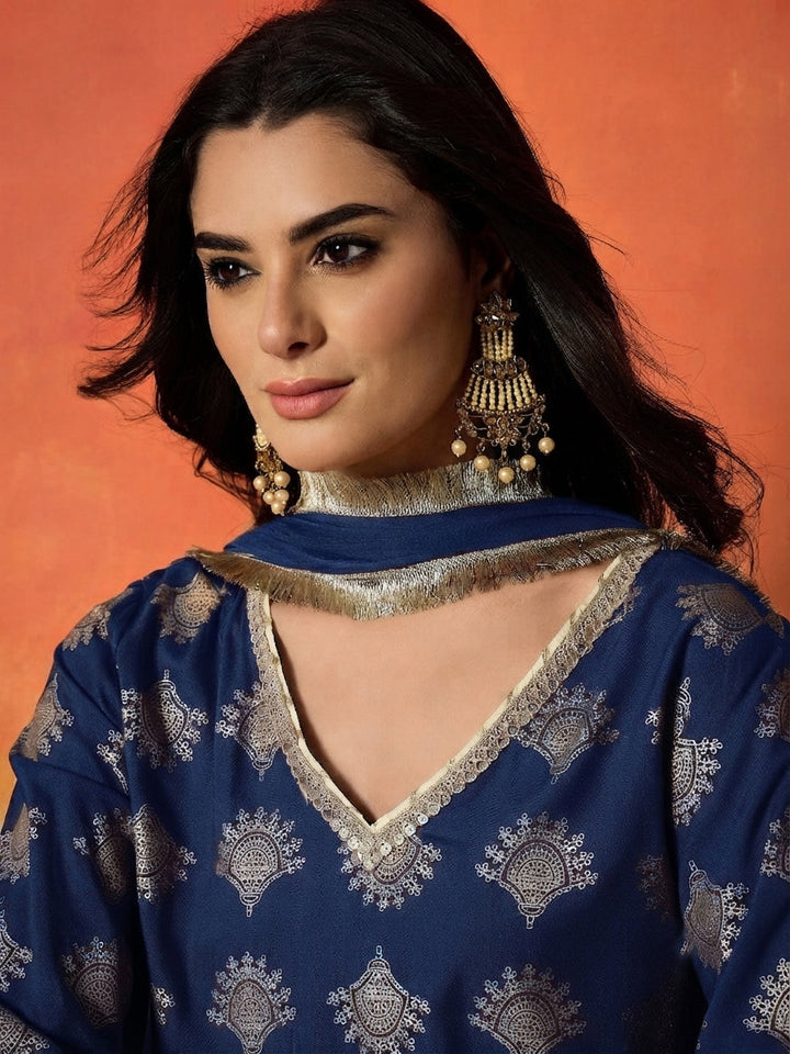 Blue Gold Printed Rayon A-Line Kurti Farshi Salwar With Dupatta