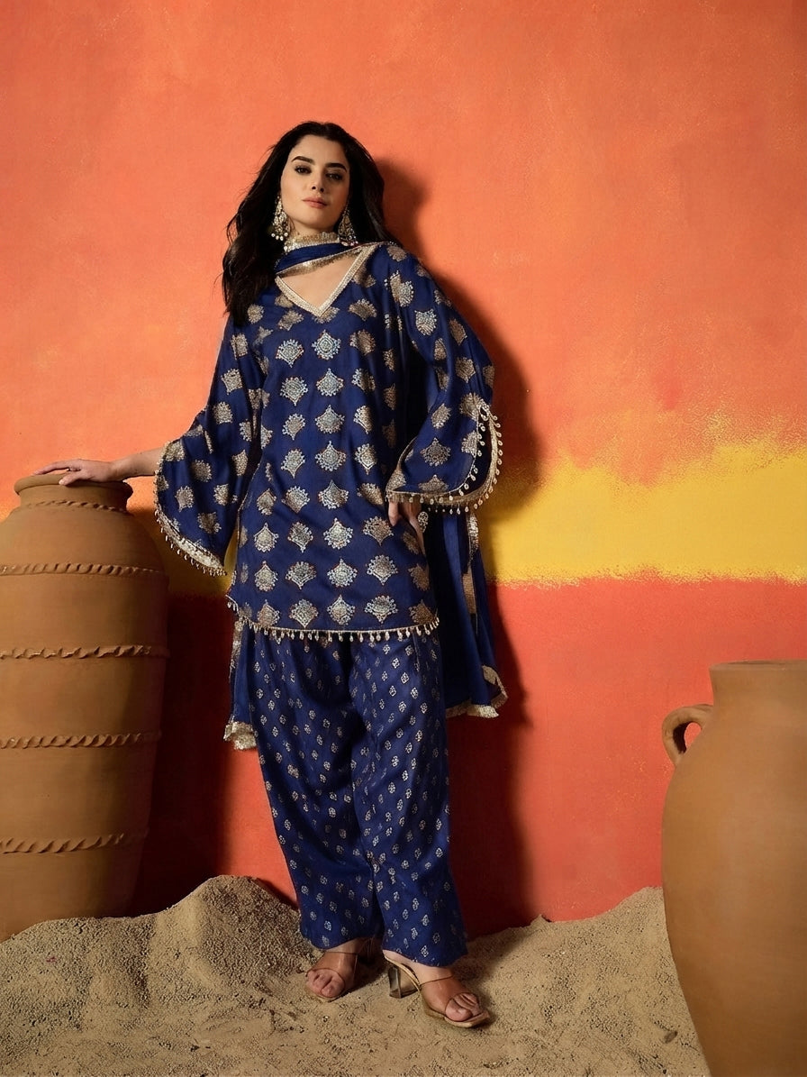 Blue Gold Printed Rayon A-Line Kurti Farshi Salwar With Dupatta