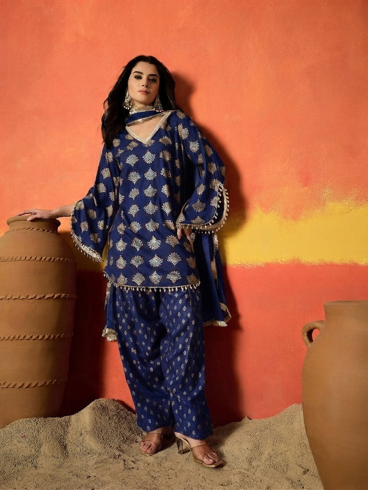 Blue Gold Printed Rayon A-Line Kurti Farshi Salwar With Dupatta