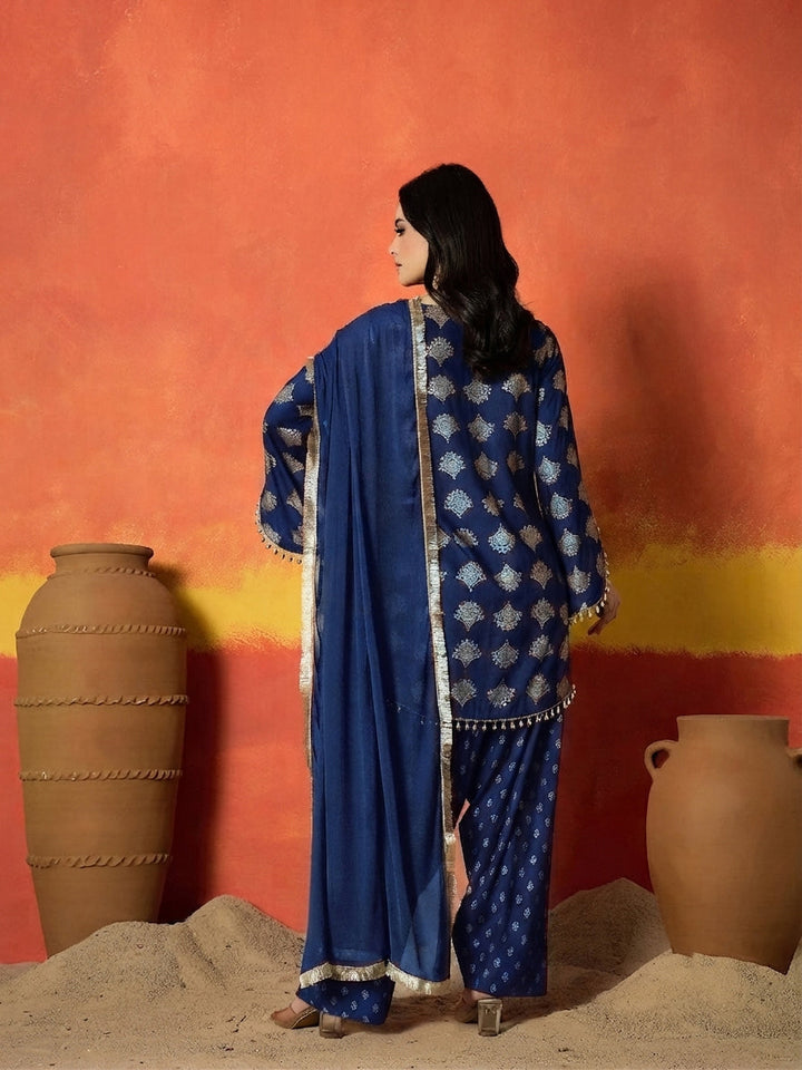 Blue Gold Printed Rayon A-Line Kurti Farshi Salwar With Dupatta