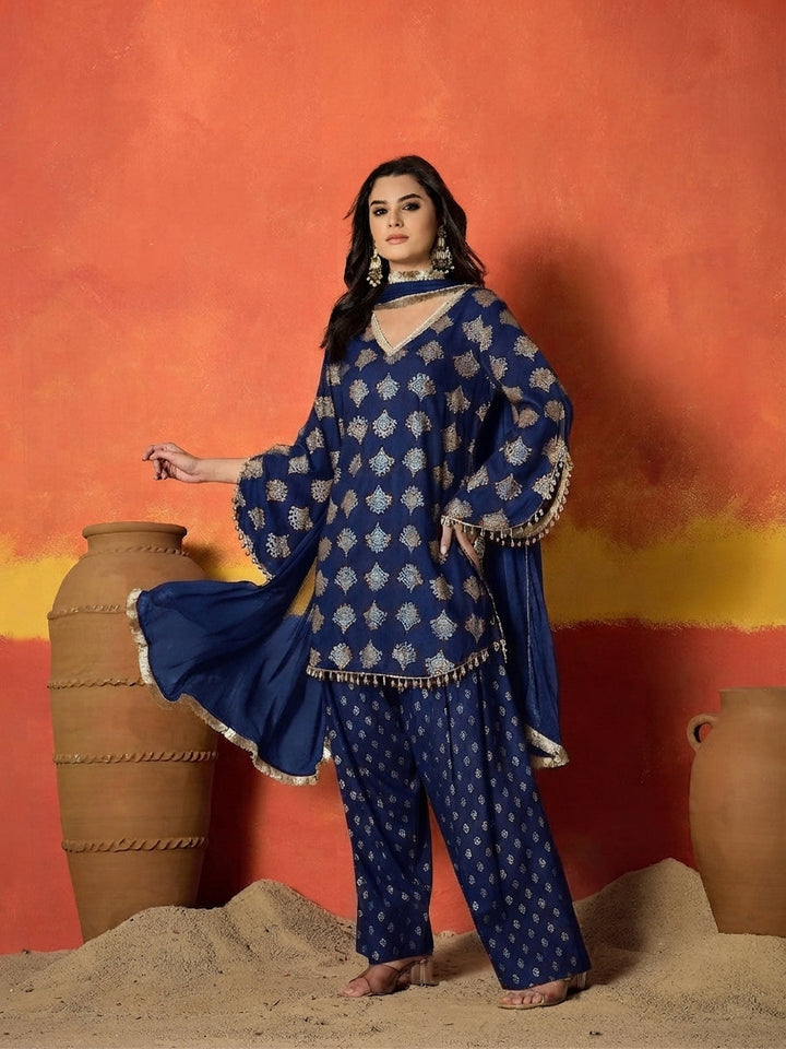 Blue Gold Printed Rayon A-Line Kurti Farshi Salwar With Dupatta