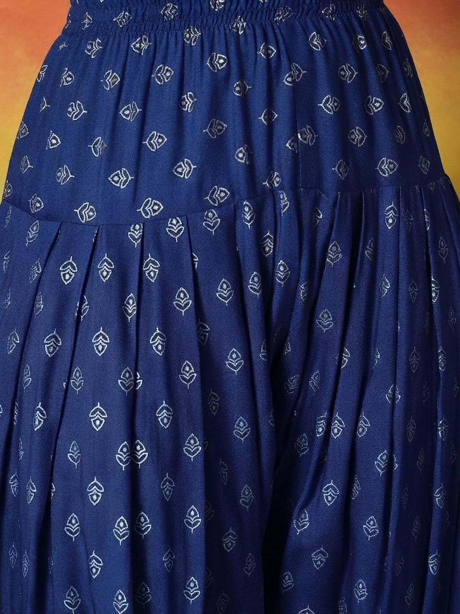 Blue Gold Printed Rayon A-Line Kurti Farshi Salwar With Dupatta