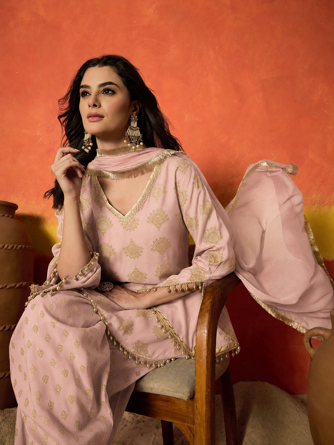 Blush Gold Printed Rayon A-Line Kurti Farshi Salwar With Dupatta
