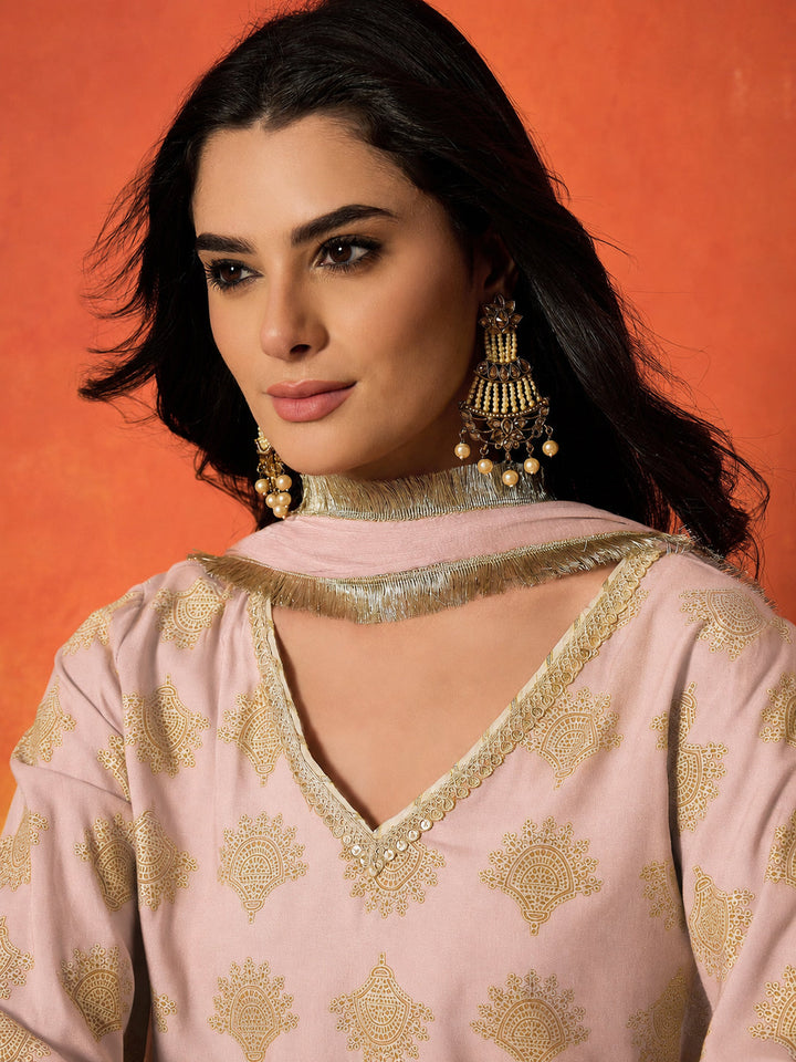 Blush Gold Printed Rayon A-Line Kurti Farshi Salwar With Dupatta