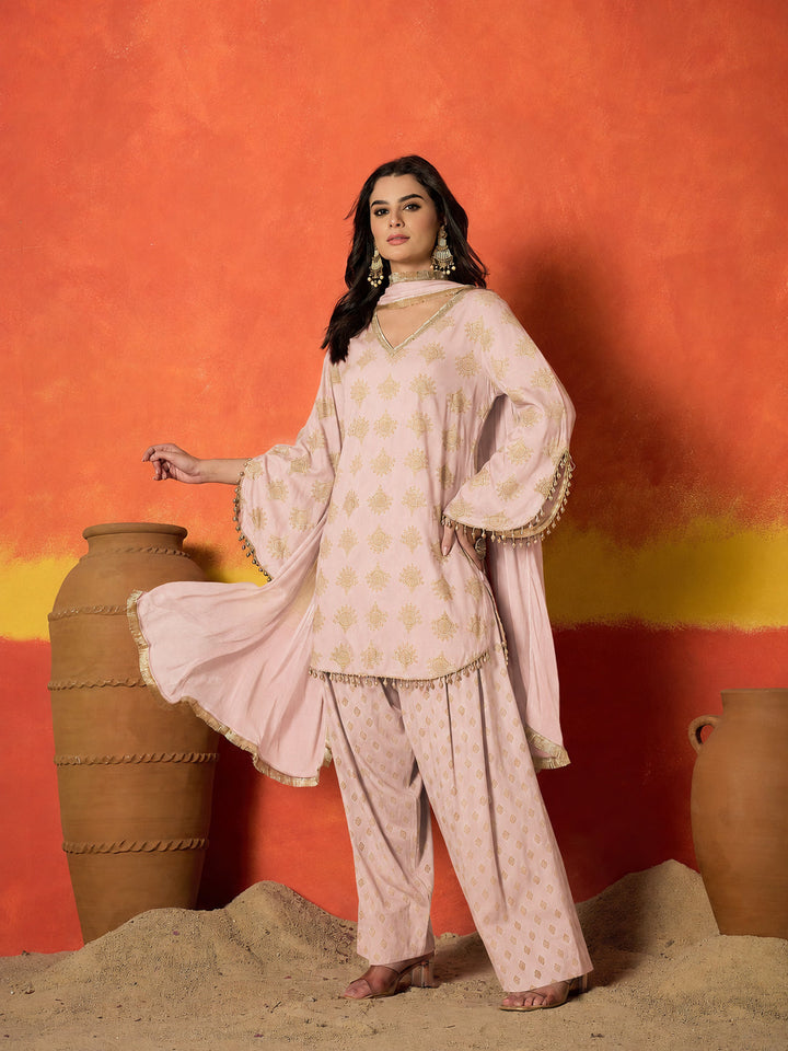 Blush Gold Printed Rayon A-Line Kurti Farshi Salwar With Dupatta