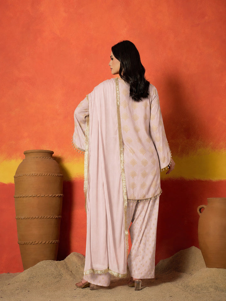 Blush Gold Printed Rayon A-Line Kurti Farshi Salwar With Dupatta