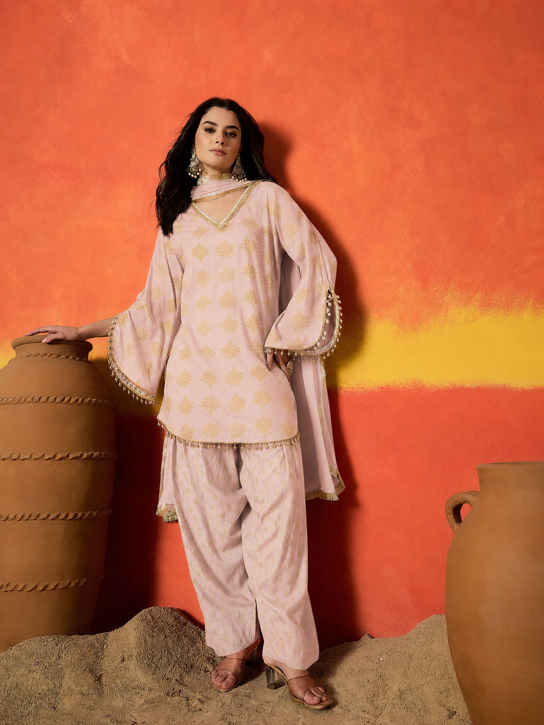 Blush Gold Printed Rayon A-Line Kurti Farshi Salwar With Dupatta