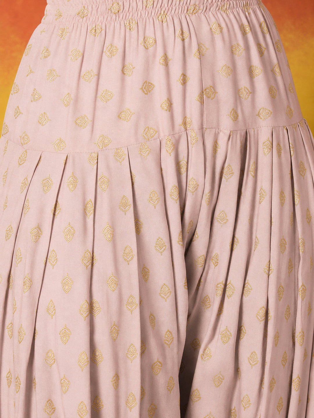 Blush Gold Printed Rayon A-Line Kurti Farshi Salwar With Dupatta
