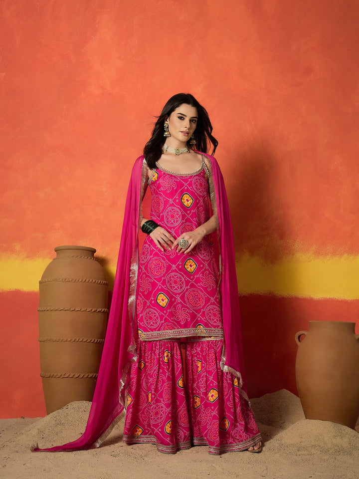 Pink Bandhej Printed Crepe Straight Kurta Sharara Dupatta Set