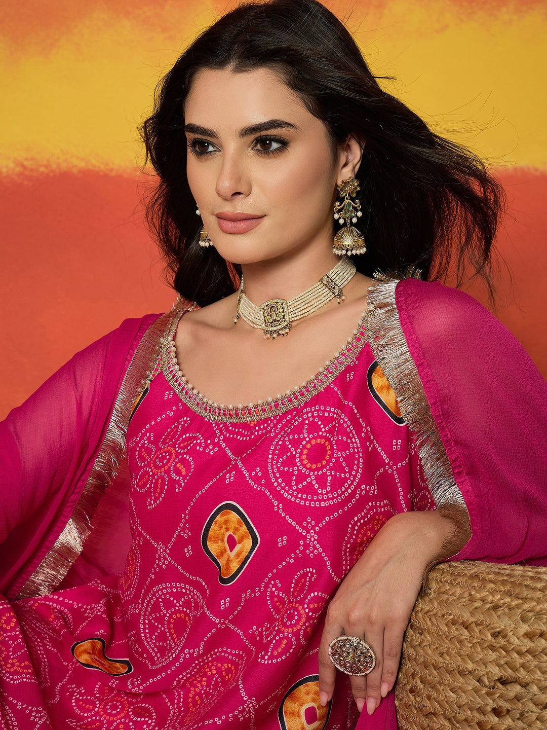 Pink Bandhej Printed Crepe Straight Kurta Sharara Dupatta Set